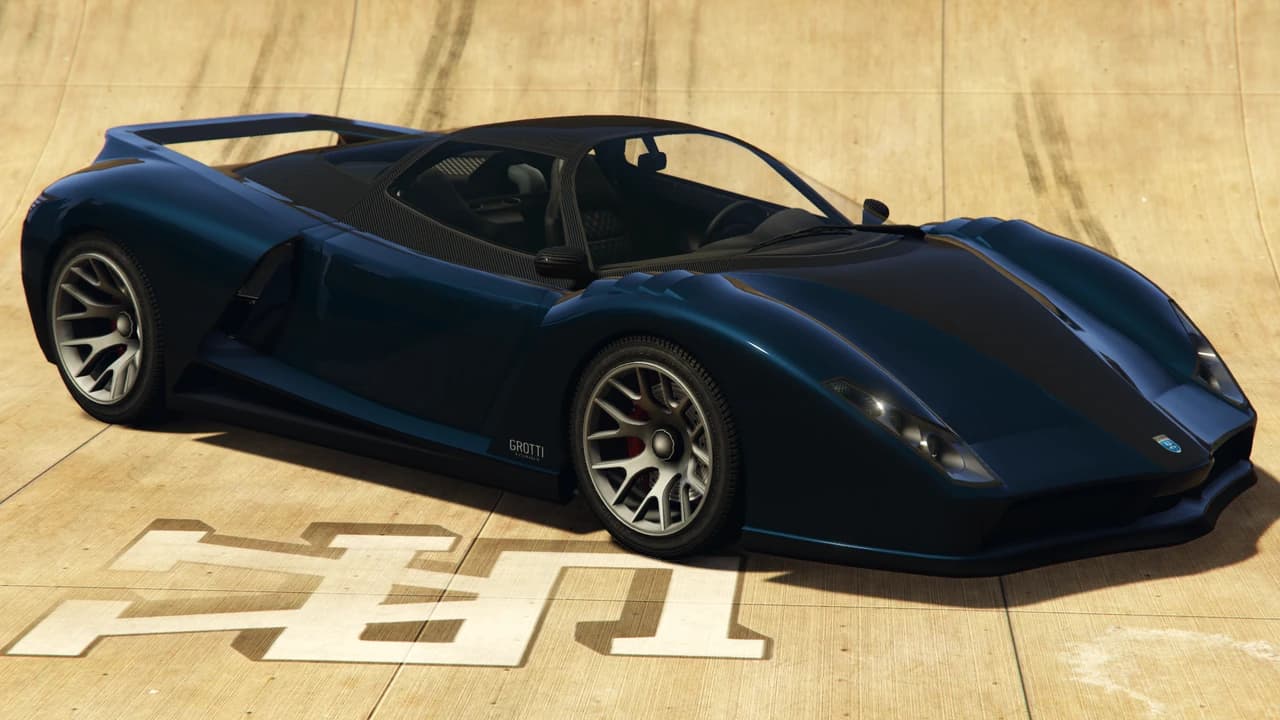A dark blue Grotti Cheetah with GROTTI lettering along the sill, front three-quarter view.