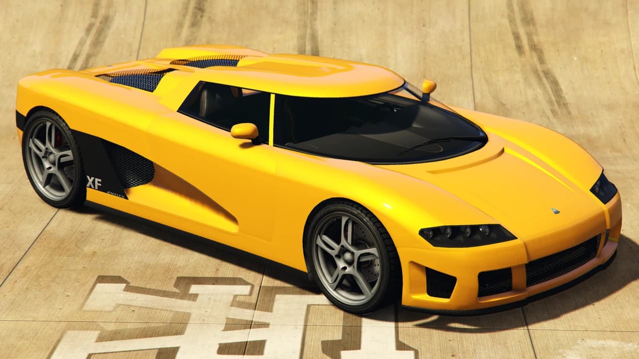 A yellow Overflod Entity XF with XF ENTITY lettering along the sill, front three-quarter view.