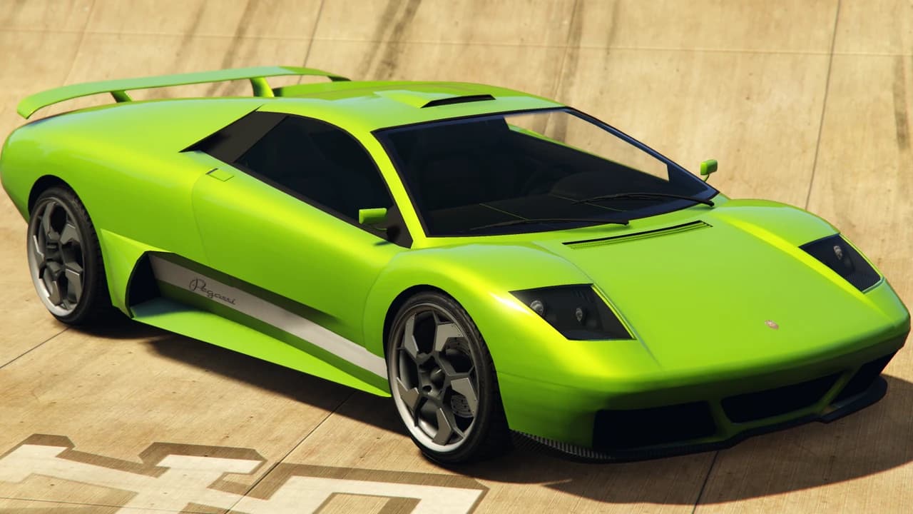 A lime green Pegassi Infernus with a rear wing, front three-quarter view.
