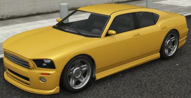 A yellow Bravado Buffalo parked at a kerb, front three-quarter view.