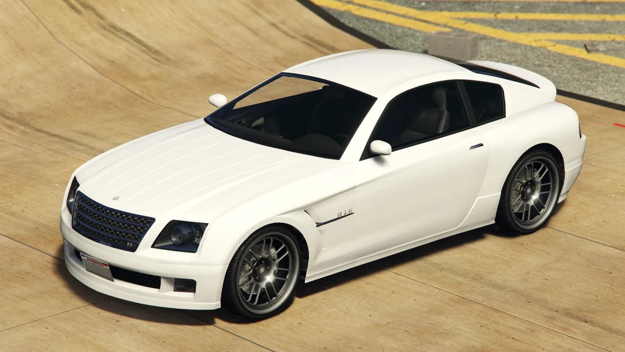 A white Schyster Fusilade with V8 5.0L badging, front three-quarter view.