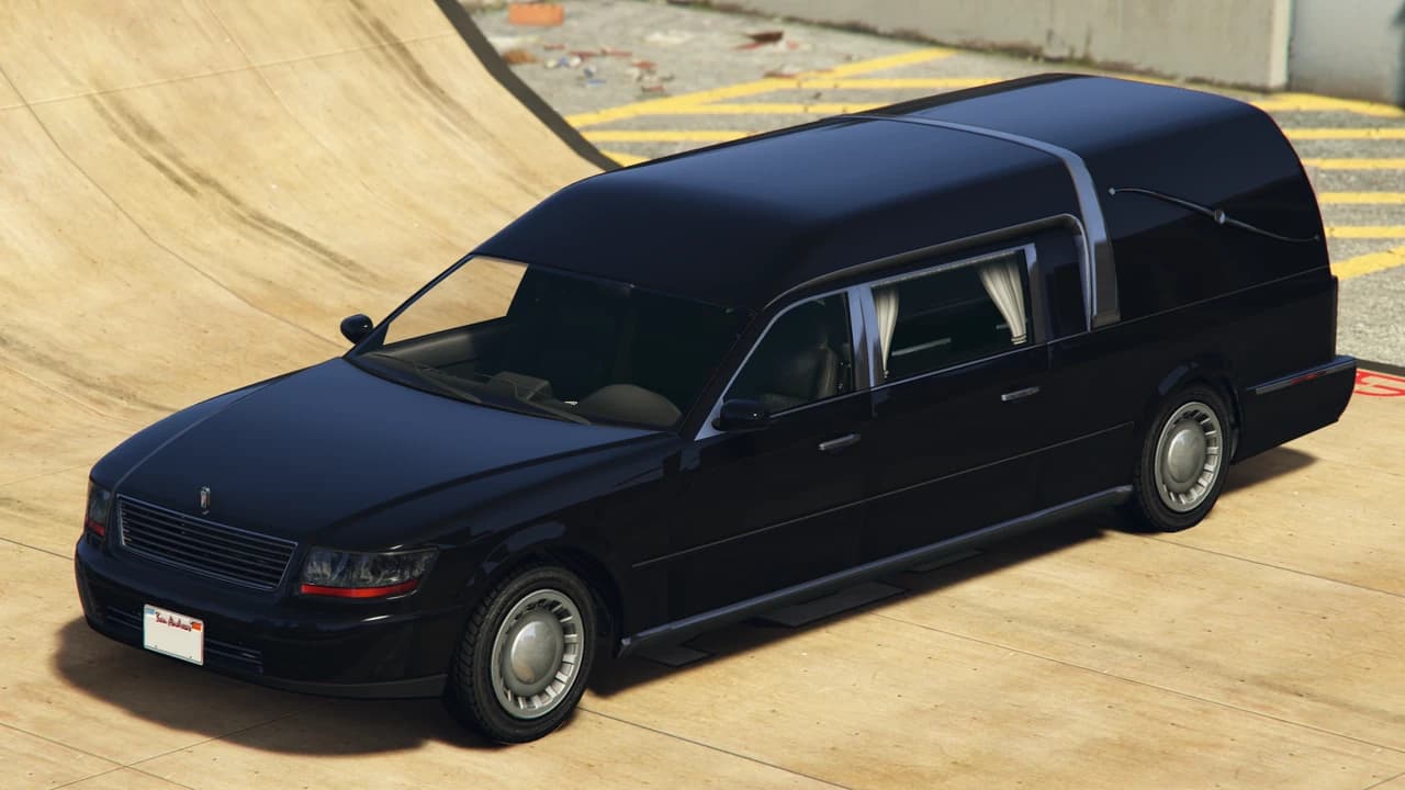 A black Chariot Romero Hearse, front three-quarter view.