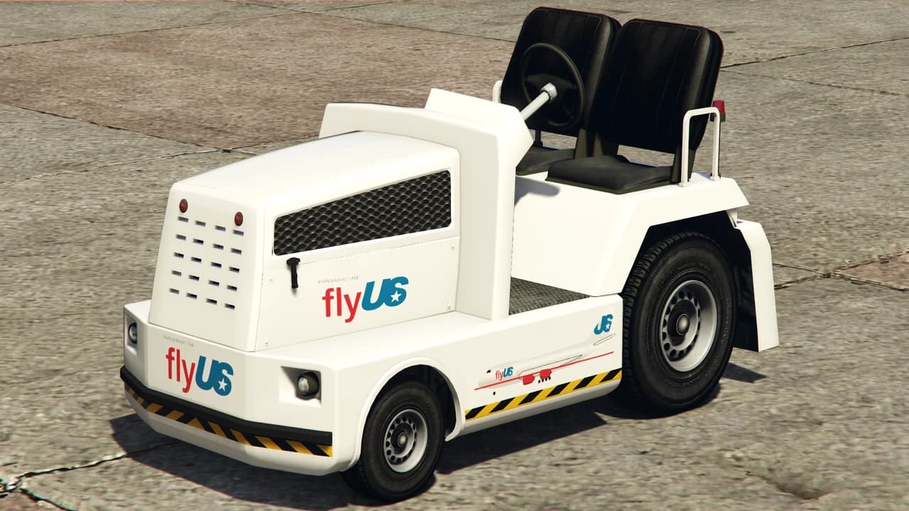 A white flyUS Airtug baggage tug, front three-quarter view.