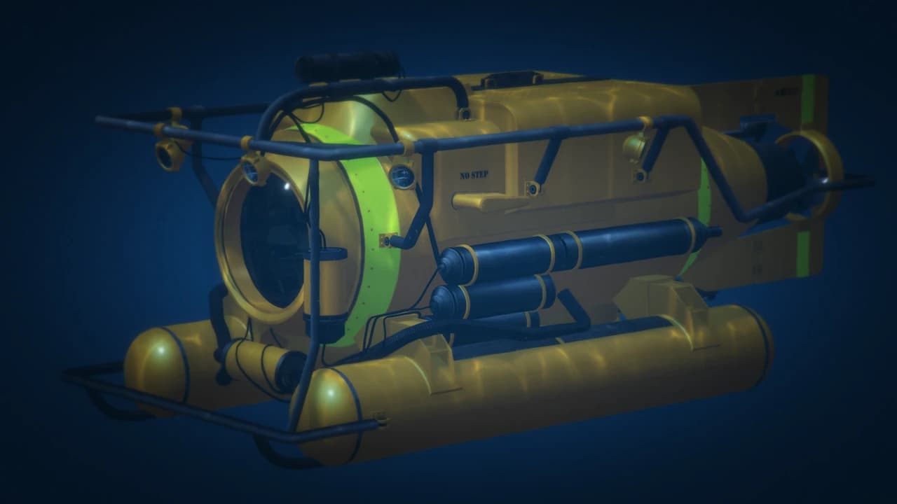 A yellow Submersible underwater, front three-quarter view.