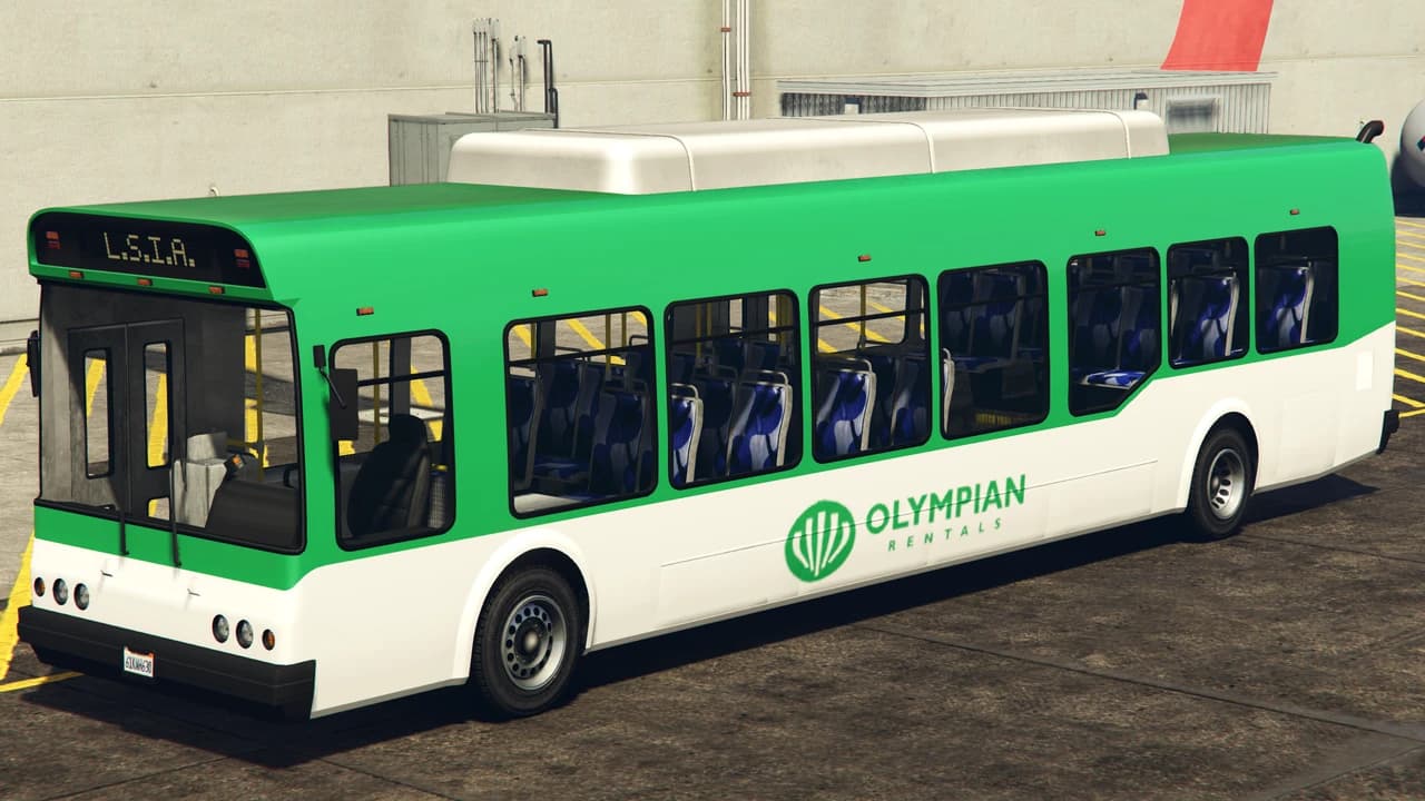 A green and white Airport Bus in Olympian Rentals livery showing L.S.I.A. on its destination board, front three-quarter view.