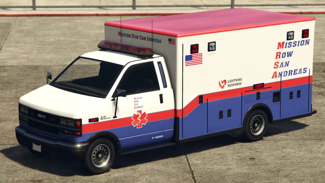 A white, red and blue Ambulance in Mission Row San Andreas livery, front three-quarter view.