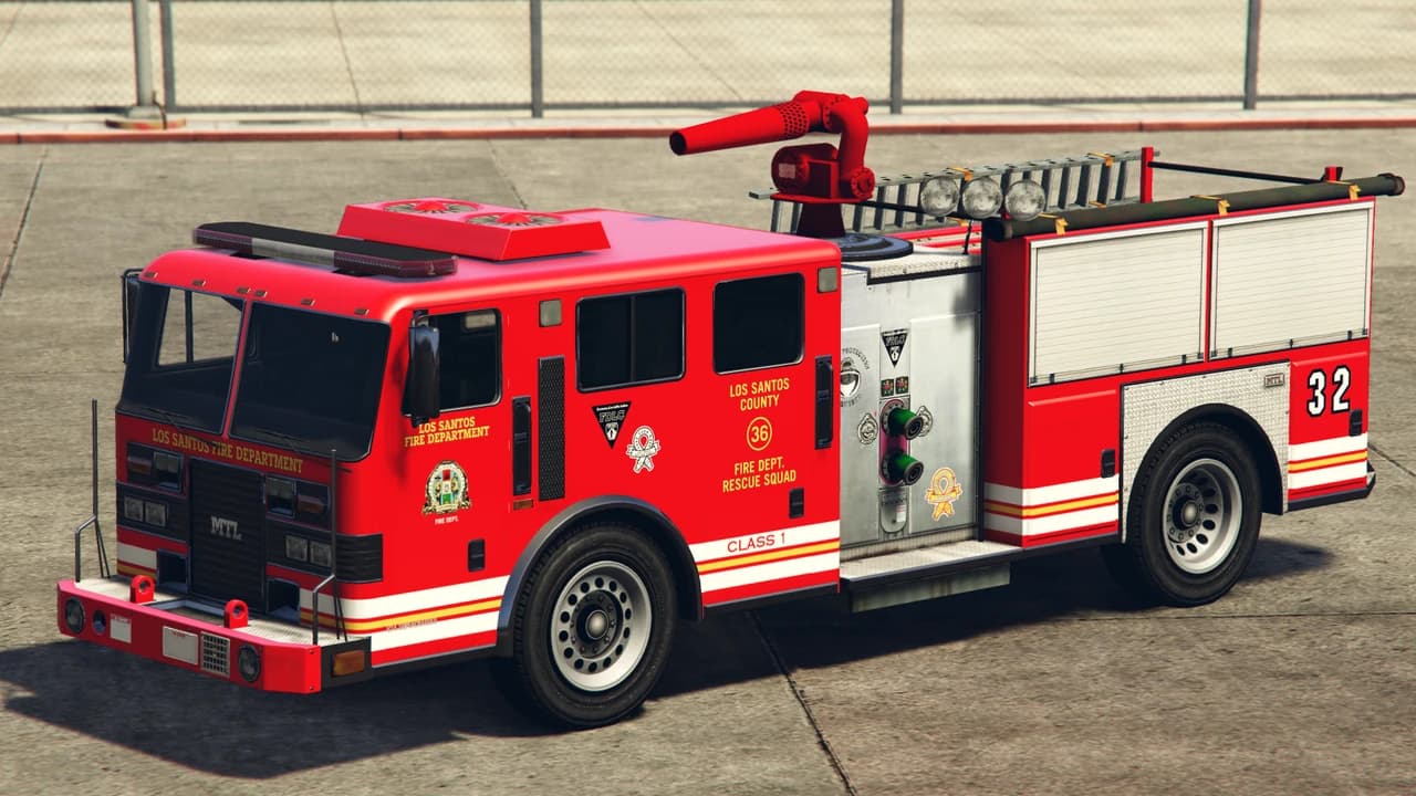 A red MTL Fire Truck in Los Santos Fire Department livery with a roof-mounted water cannon, front three-quarter view.