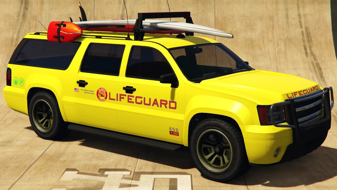 A yellow Declasse Lifeguard SUV carrying a surfboard and a rescue float on the roof, front three-quarter view.