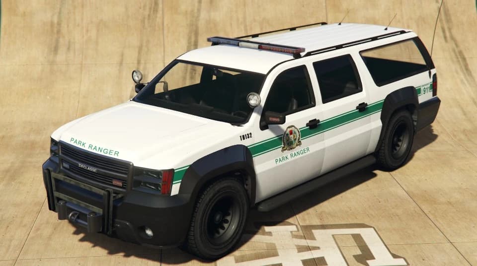 A white and green Declasse Park Ranger SUV with a winch and roof light bar, front three-quarter view.