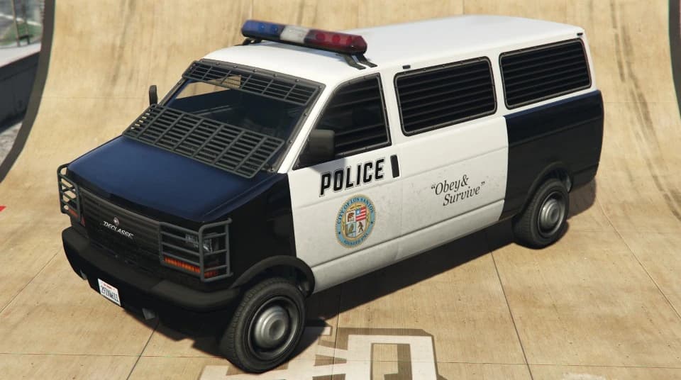 A black and white Declasse Police Transporter van with a windscreen guard, front three-quarter view.