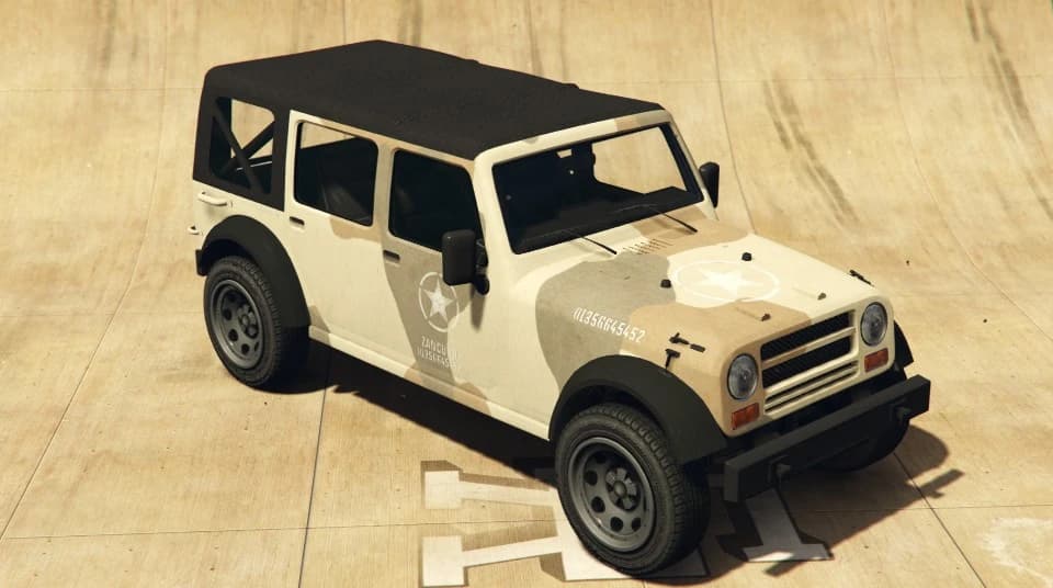 A desert-camouflaged Canis Crusader with a black canvas roof and a white star on the bonnet, front three-quarter view.