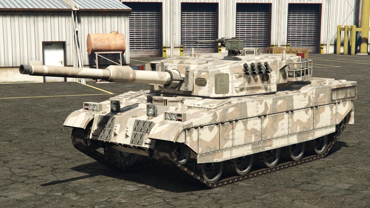 A desert-camouflaged Rhino Tank with its main gun trained forward, front three-quarter view.