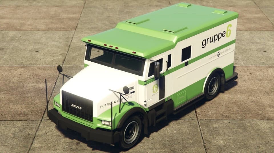 A white and green Brute Stockade armoured van in Gruppe 6 livery, front three-quarter view.