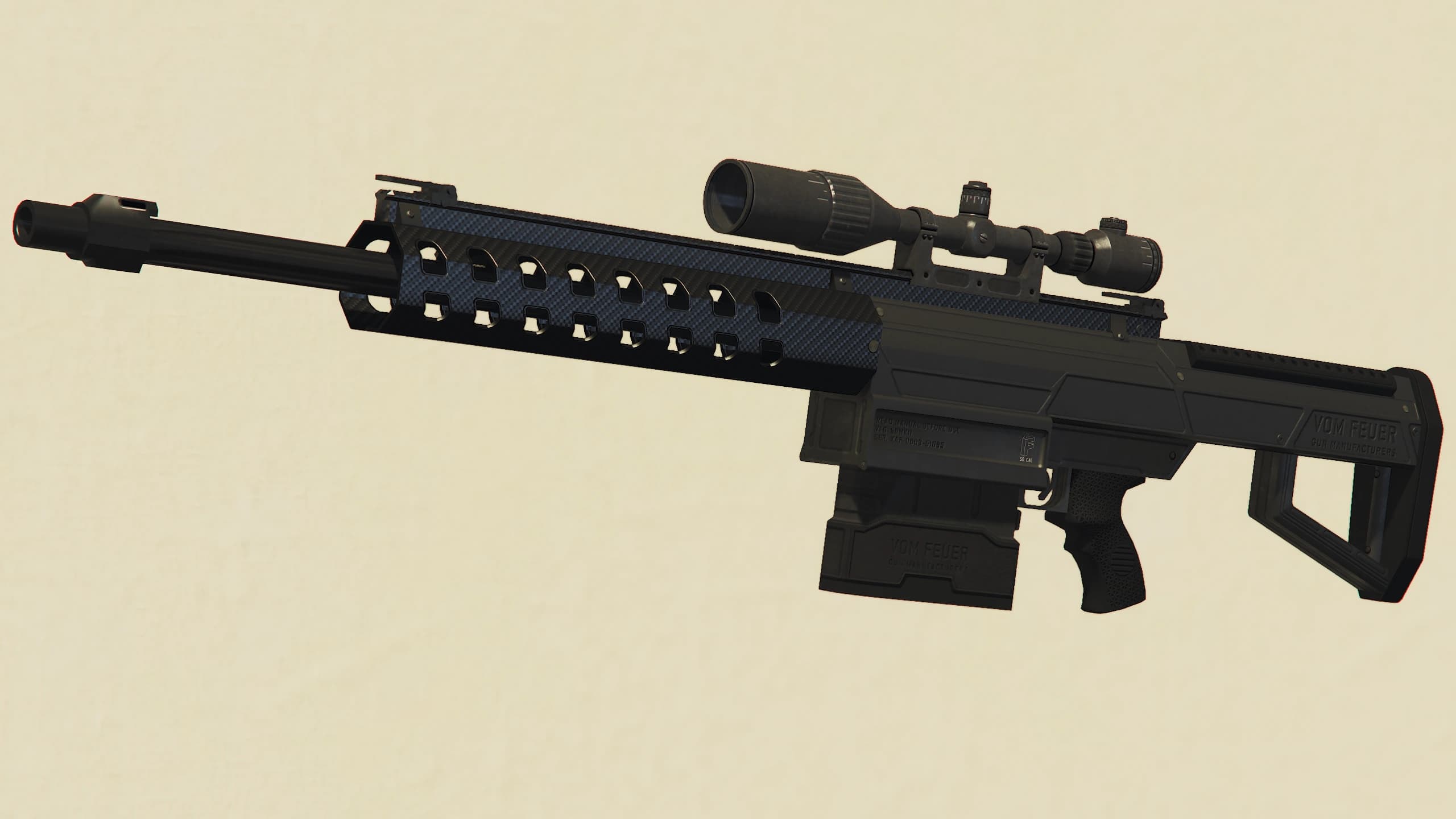 The GTA Online Heavy Sniper Mk II: a bullpup anti-materiel rifle with a blue carbon-fibre handguard, a telescopic scope and a VOM FEUER receiver.