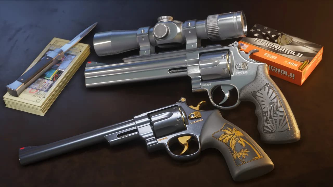 The his and hers Hawk & Little Morgan revolvers on a dark table: a silver revolver with a long scope and palm-engraved grip above a darker one with gold palm trees on its grip, beside a switchblade on a stack of banknotes and a box of ammunition, in GTA VI.