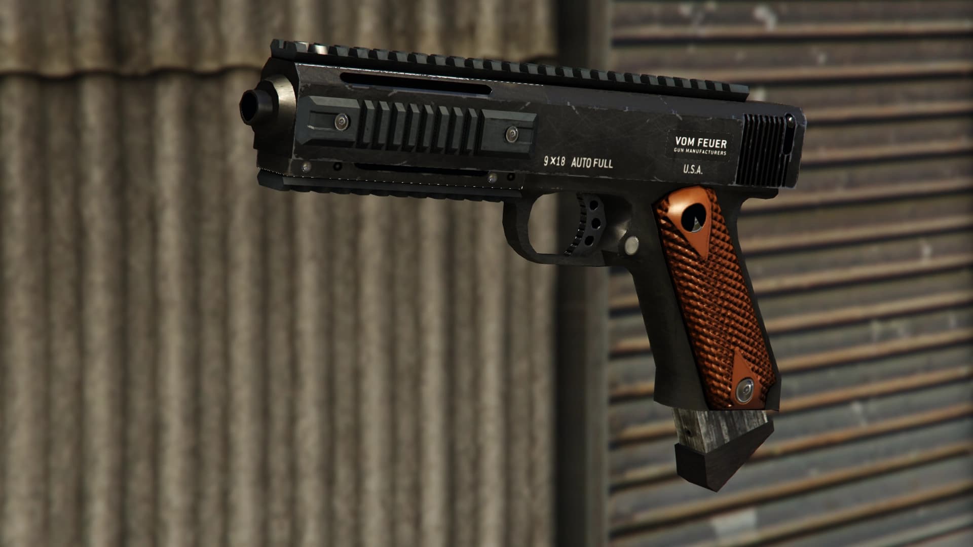 The GTA V AP Pistol: a machine pistol with orange chequered grips, marked VOM FEUER and 9x18 AUTO FULL, against a corrugated wall.