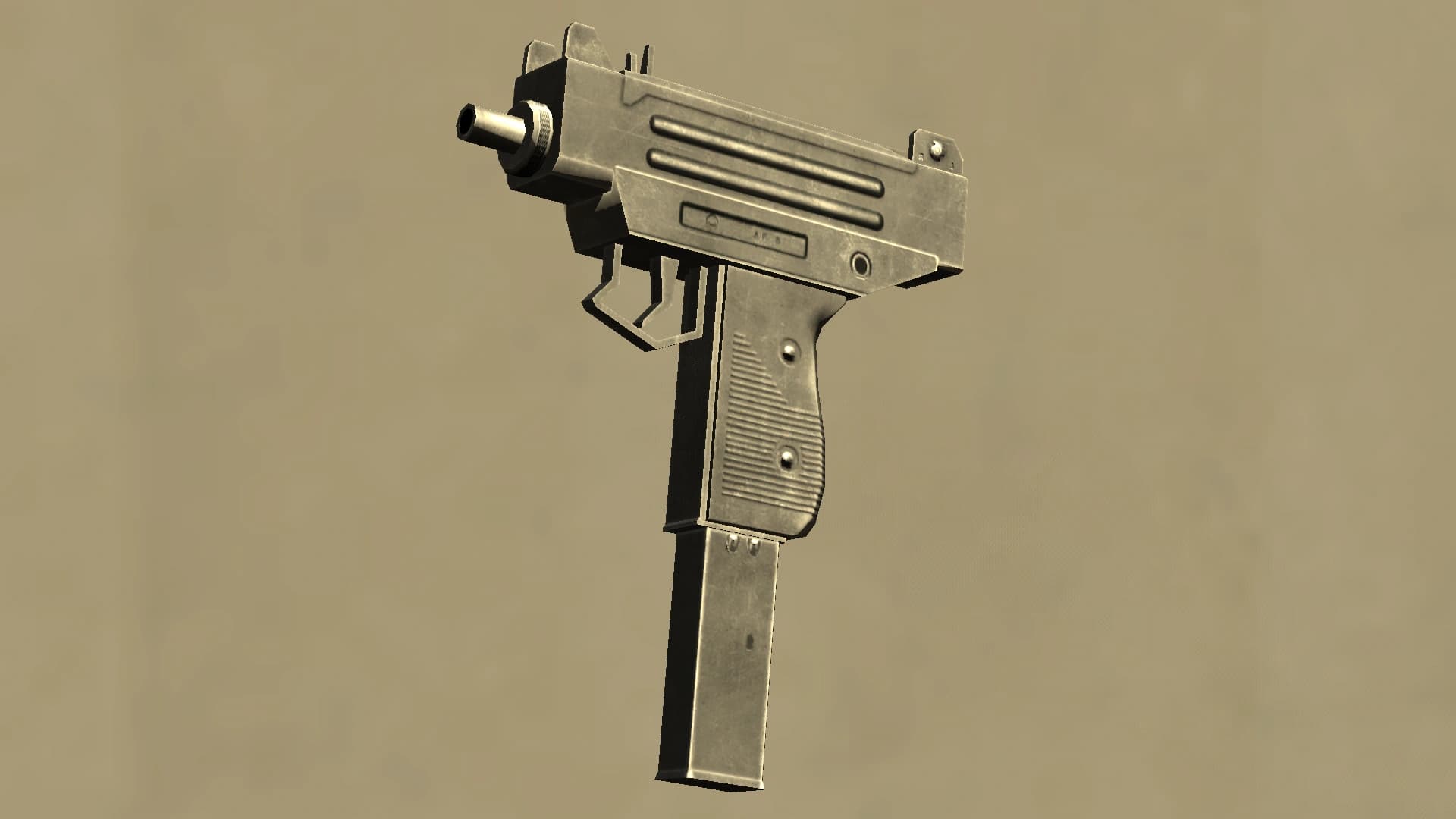 The GTA IV Micro SMG: a ribbed metal Uzi-pattern machine pistol with a straight magazine, on a sand-coloured ground.