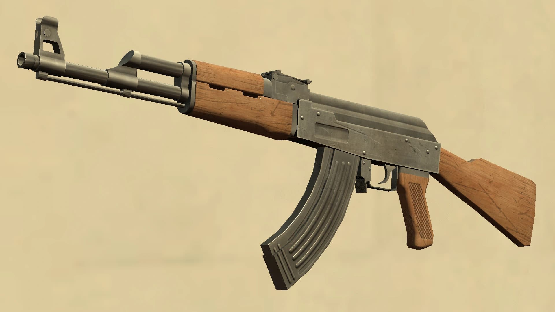 The GTA IV Assault Rifle: a wood-furnished AK-pattern rifle with a curved magazine, on a pale ground.