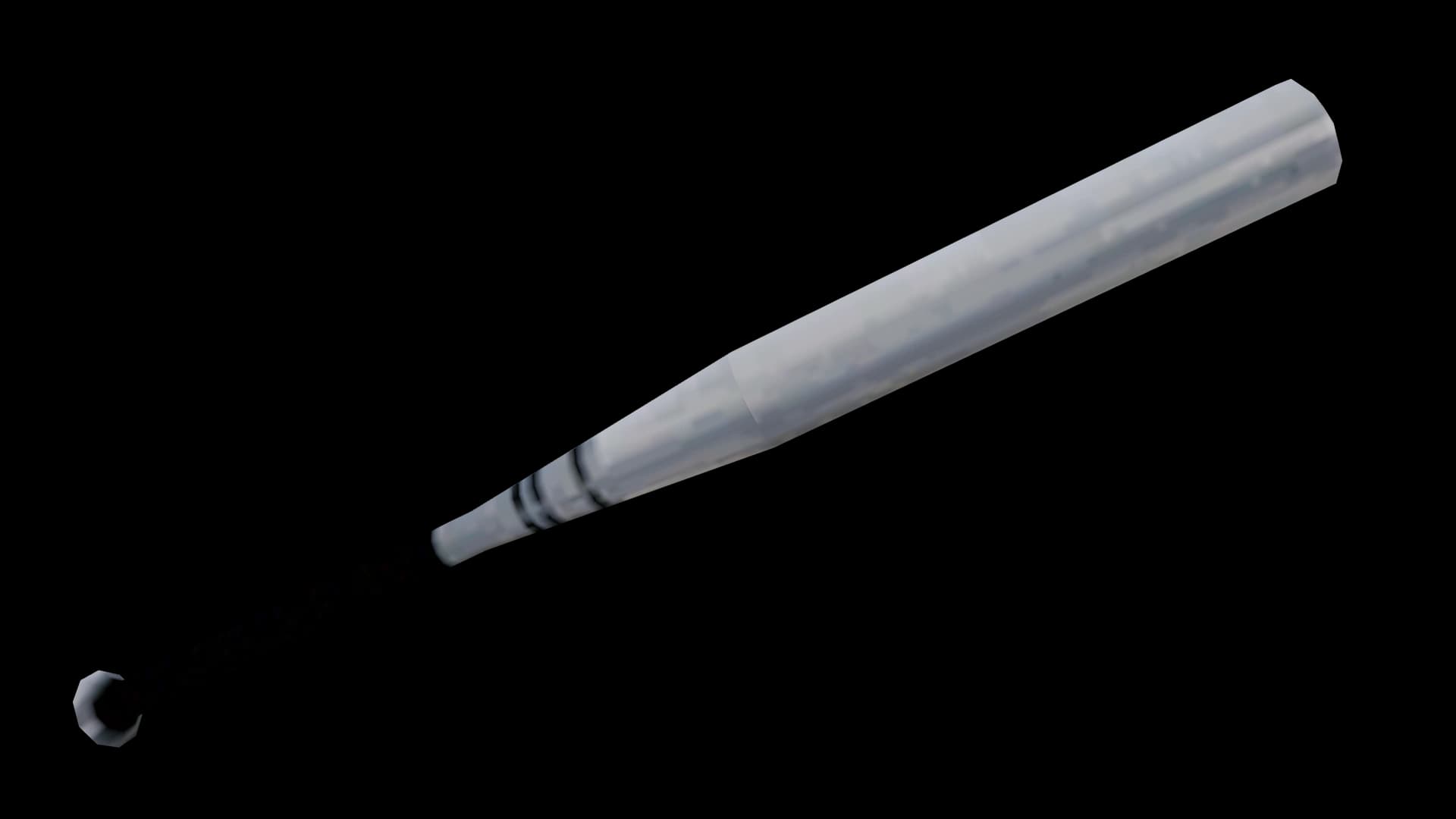 The San Andreas baseball bat: a white metal bat with a black taped grip, on white.