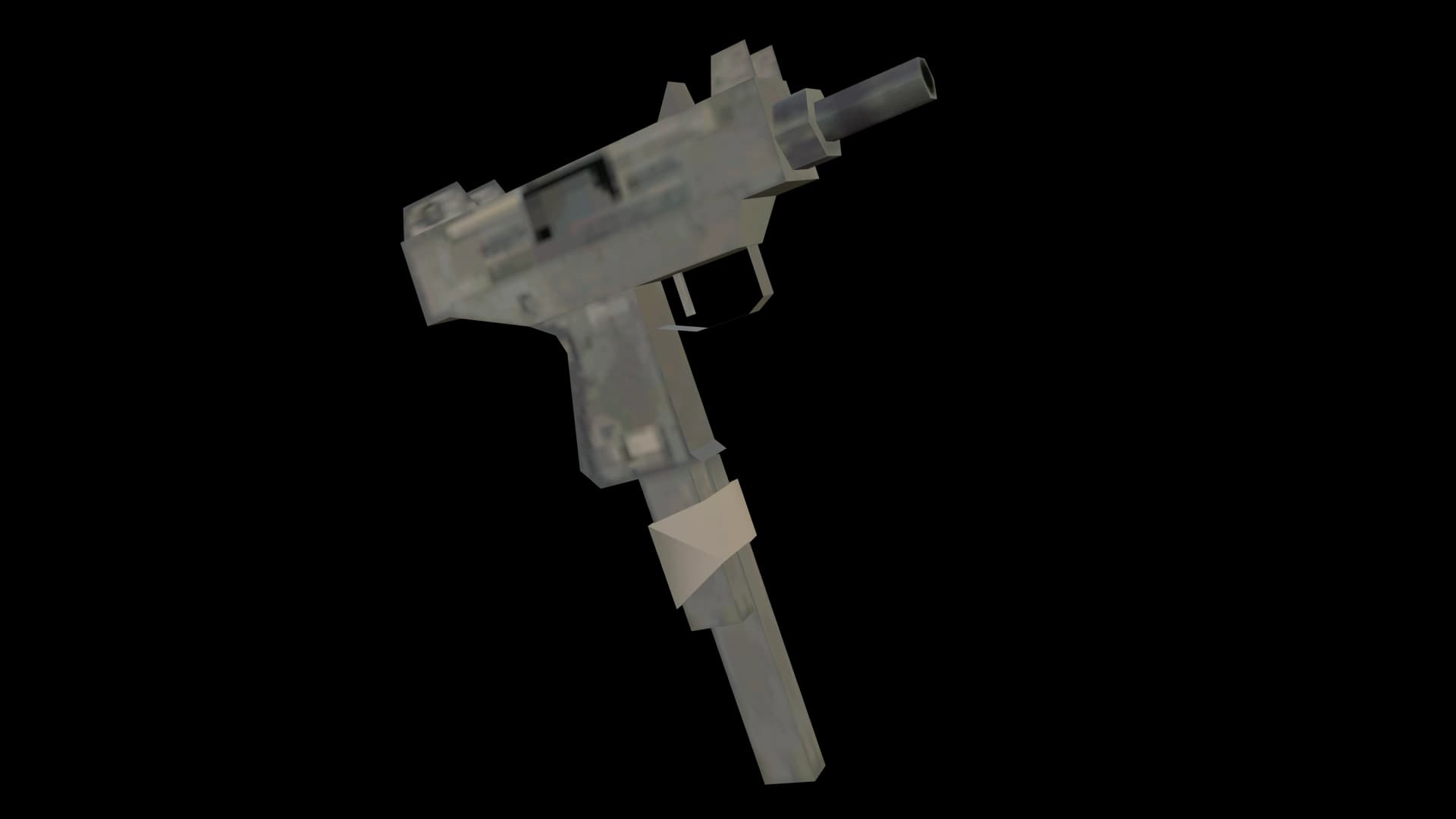The San Andreas Micro SMG: a squat low-polygon machine pistol with a long magazine, on white.