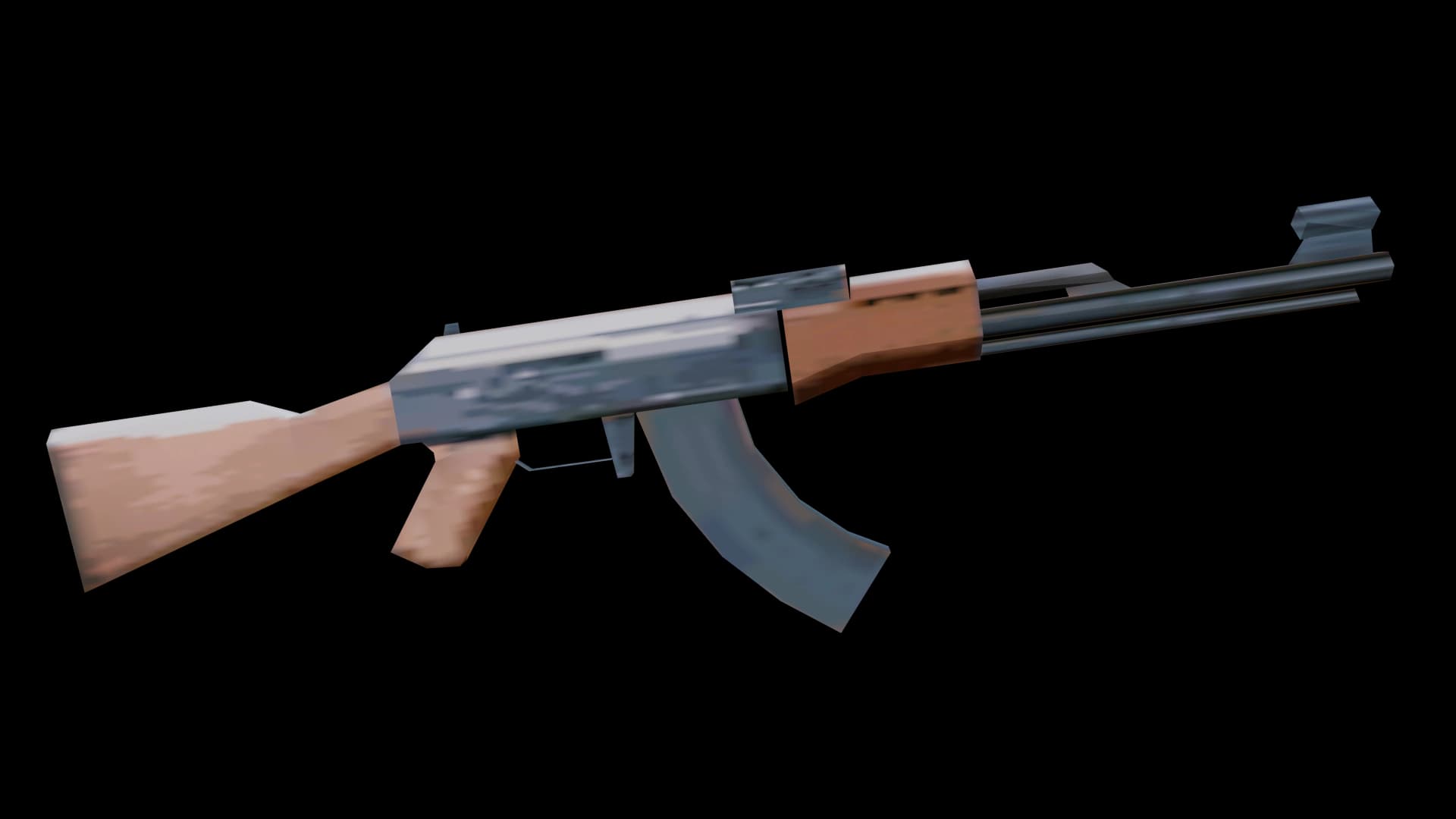The San Andreas AK-47: a textured rifle with a pale wooden stock and a curved magazine, on white.