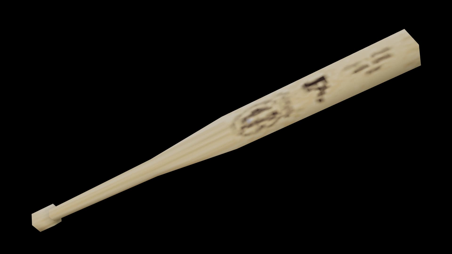 The GTA III baseball bat: a pale wooden bat with a branded maker's mark burned into the barrel, on white.